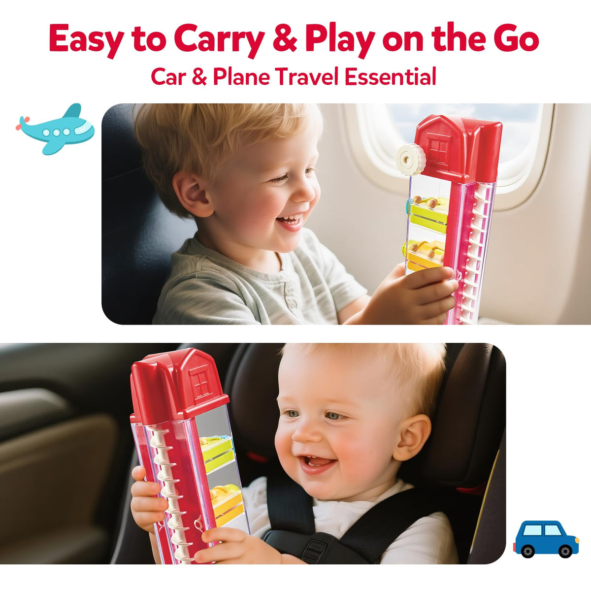 CuteZone Farm Egg Drop Toy slide-bar movement improves hand precision.