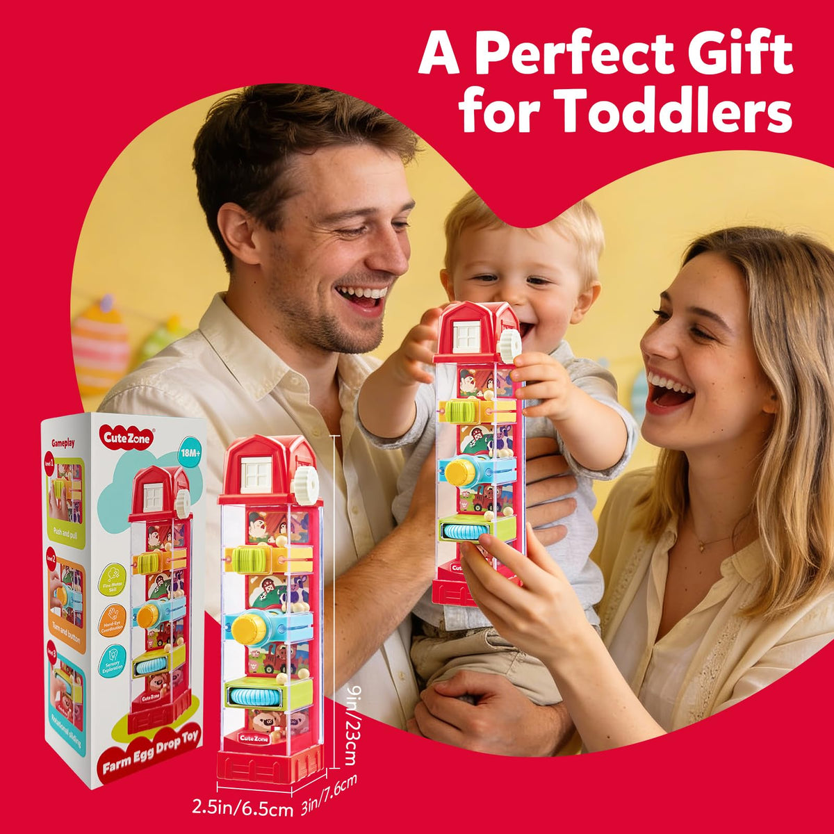 CuteZone Farm Egg Drop Toy compact travel design makes quiet car trips easier.