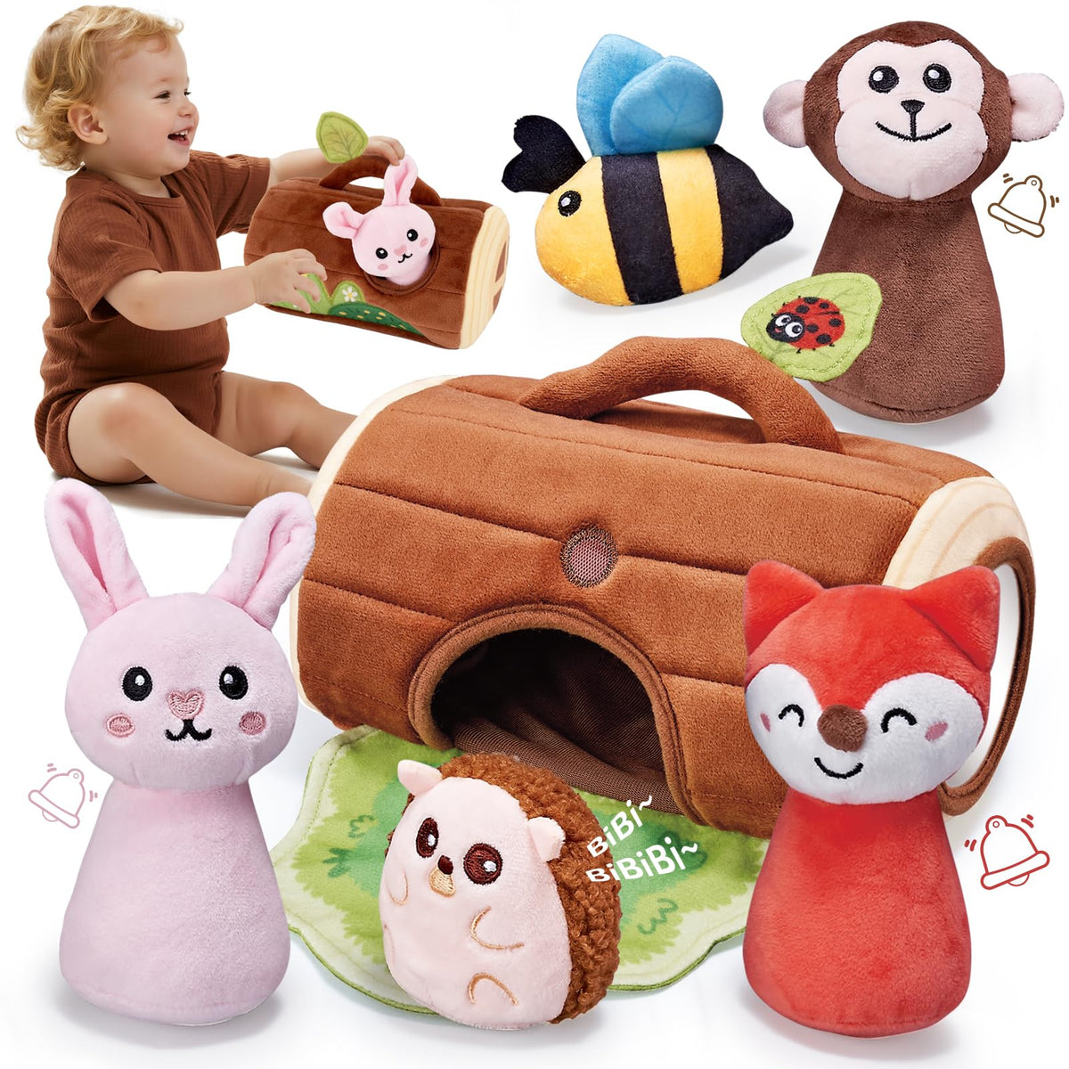 CuteZone tree stump toy set with soft forest animals for grasping and exploration