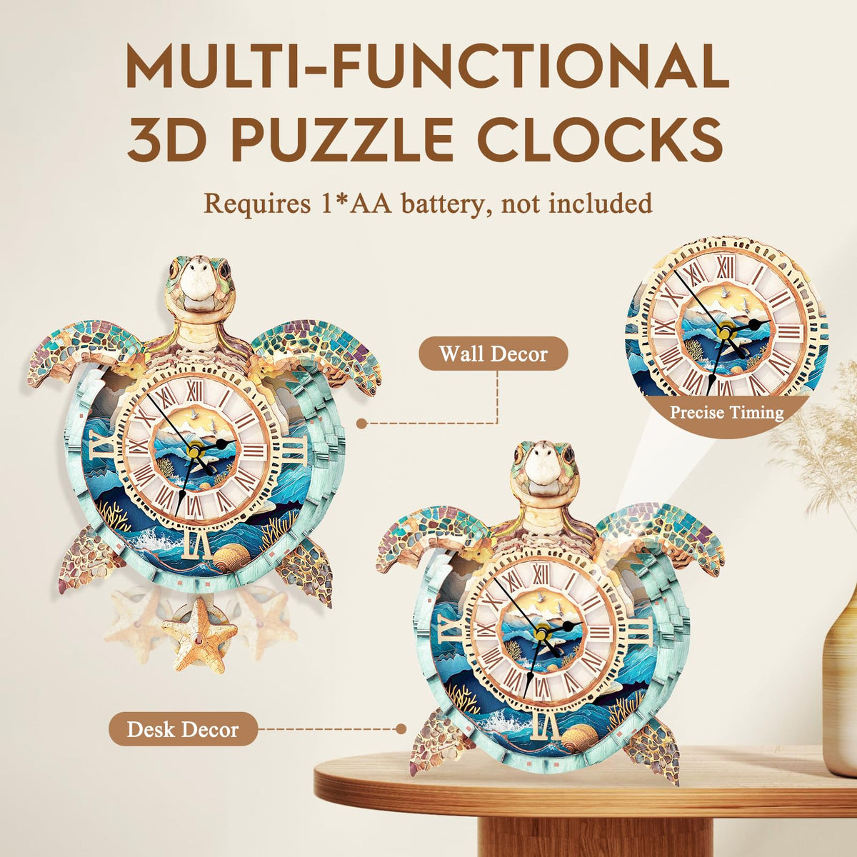 Cutywood turtle clock on desk adds stylish space-saving decor.