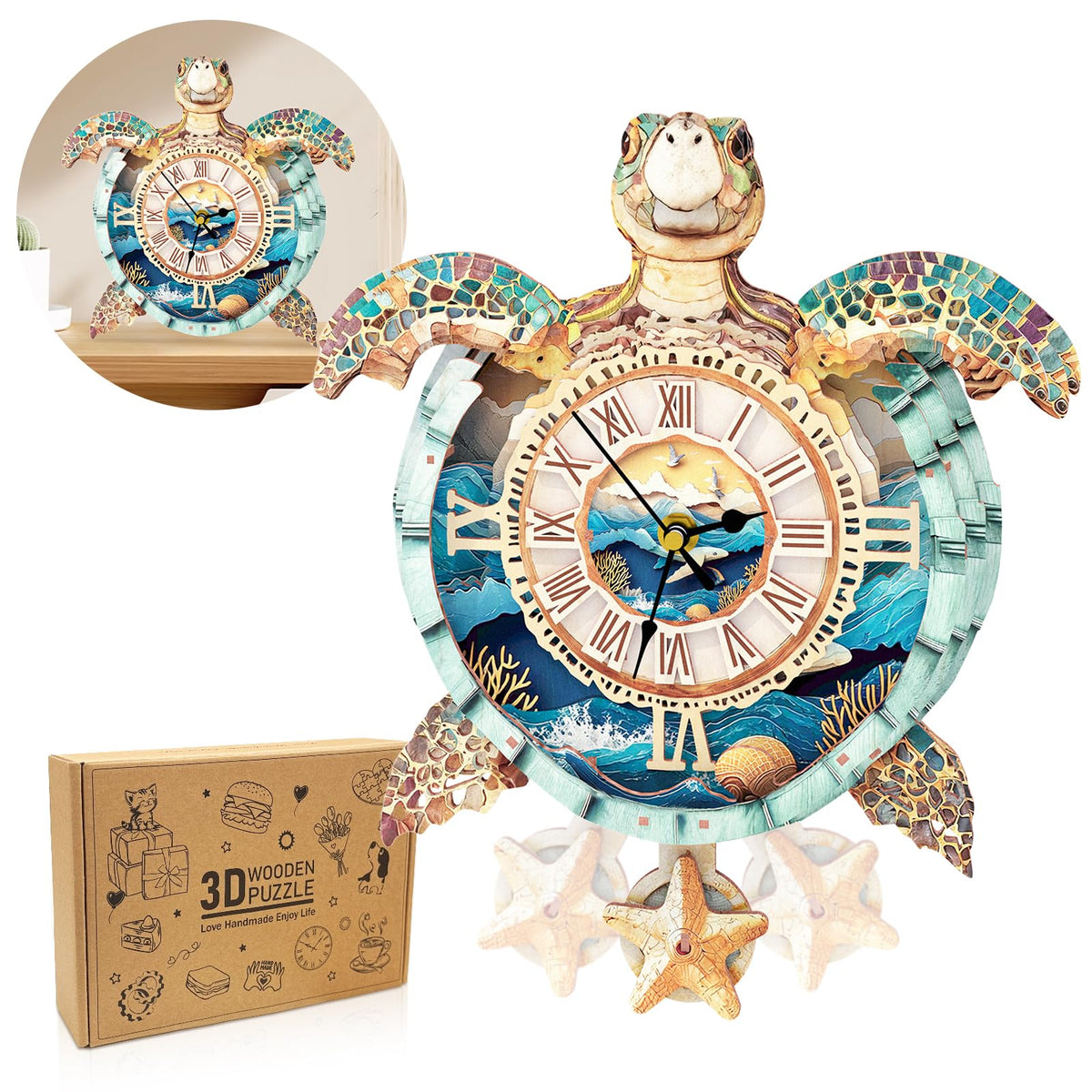 Cutywood turtle clock puzzle front view with roman numerals and gears.