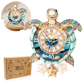 Cutywood turtle clock puzzle front view with roman numerals and gears.