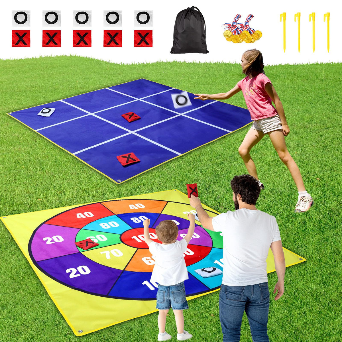 CWLAKON 2-in-1 outdoor giant tic tac toe bean bag toss mat for backyard fun.
