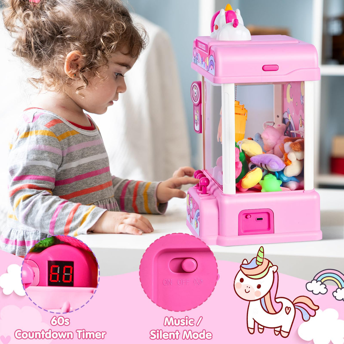 CWLAKON claw machine pink side view with interactive joystick controls play
