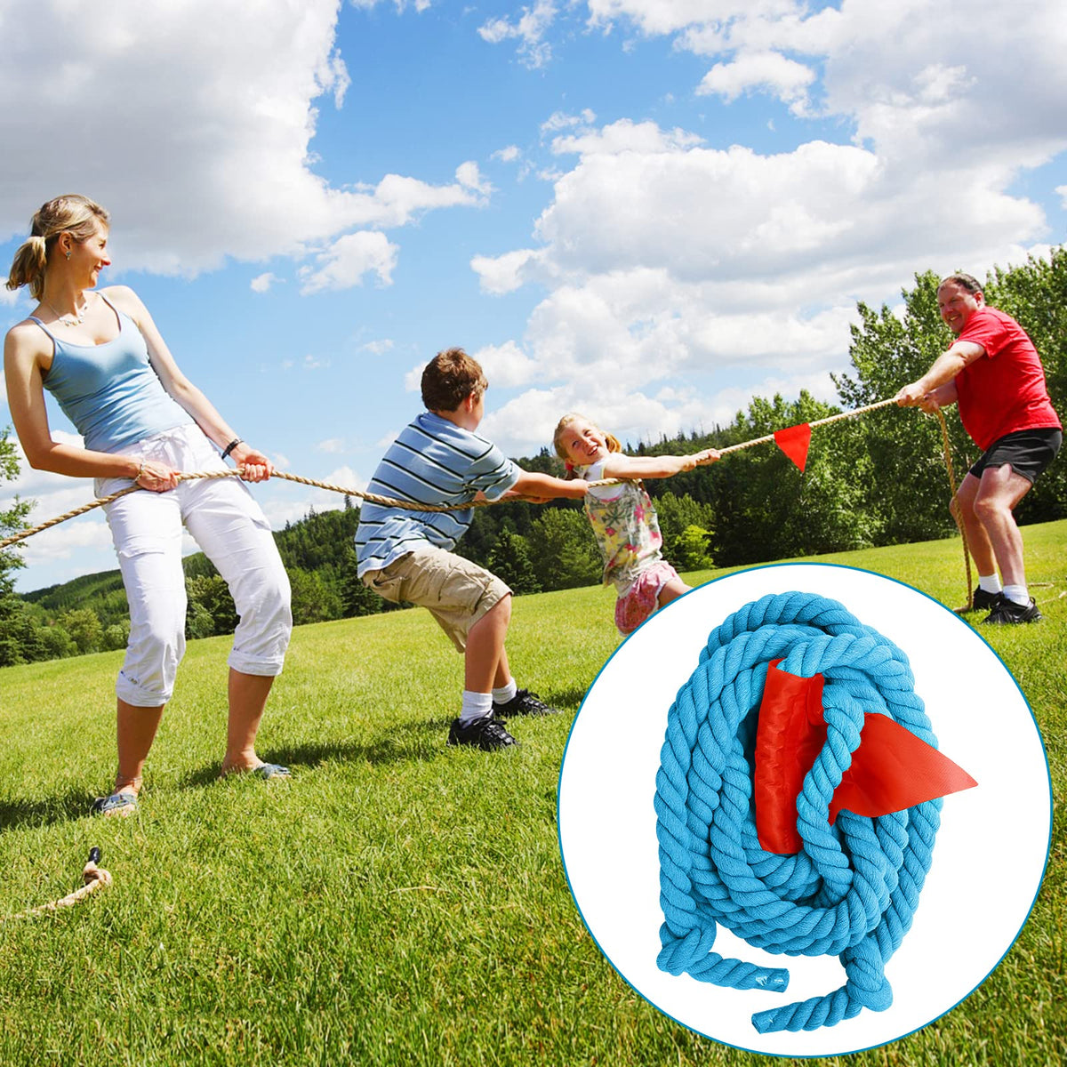 CWLAKON tug of war rope 60ft blue end knots visible for durability