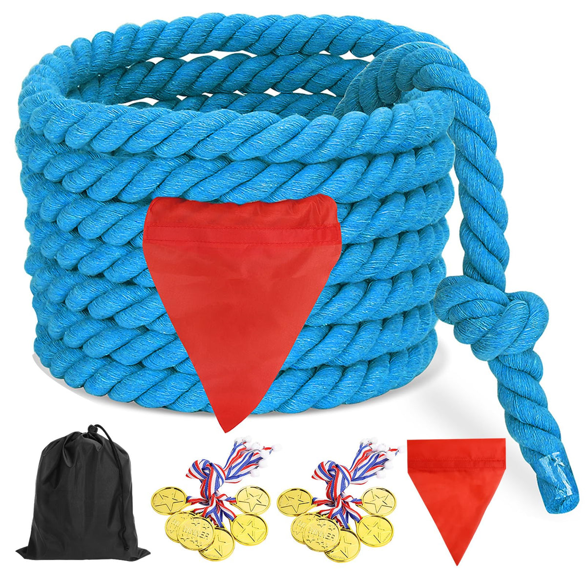 CWLAKON tug of war rope 60ft blue rolled for easy setup and transport