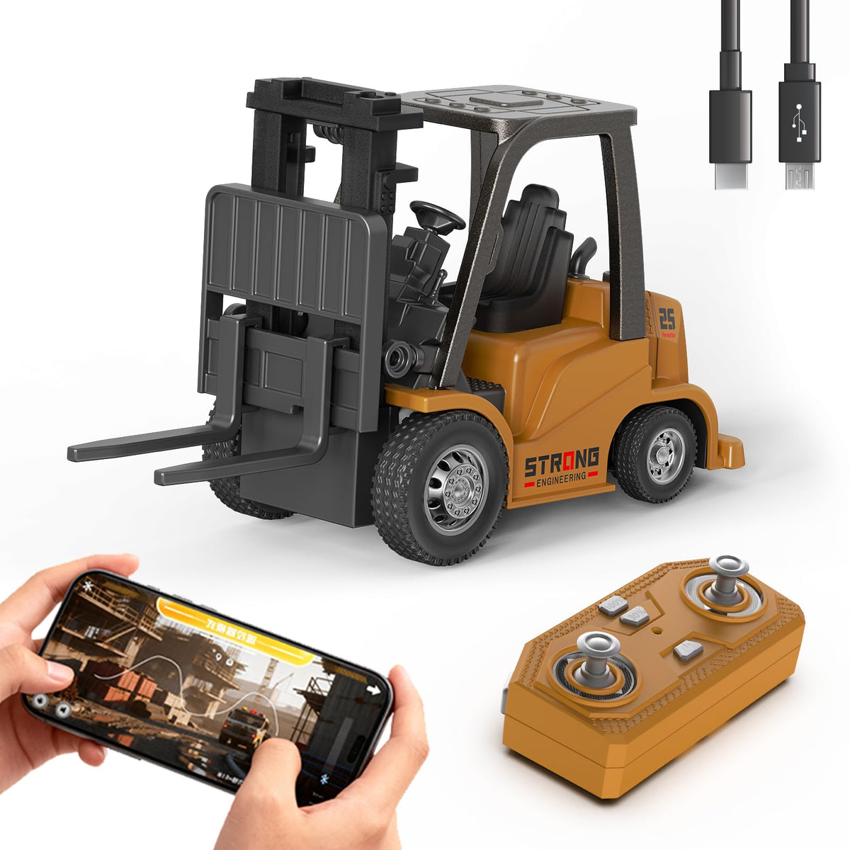 cxjoigxi mini rc forklift front view, ideal for imaginative play and easy remote control.