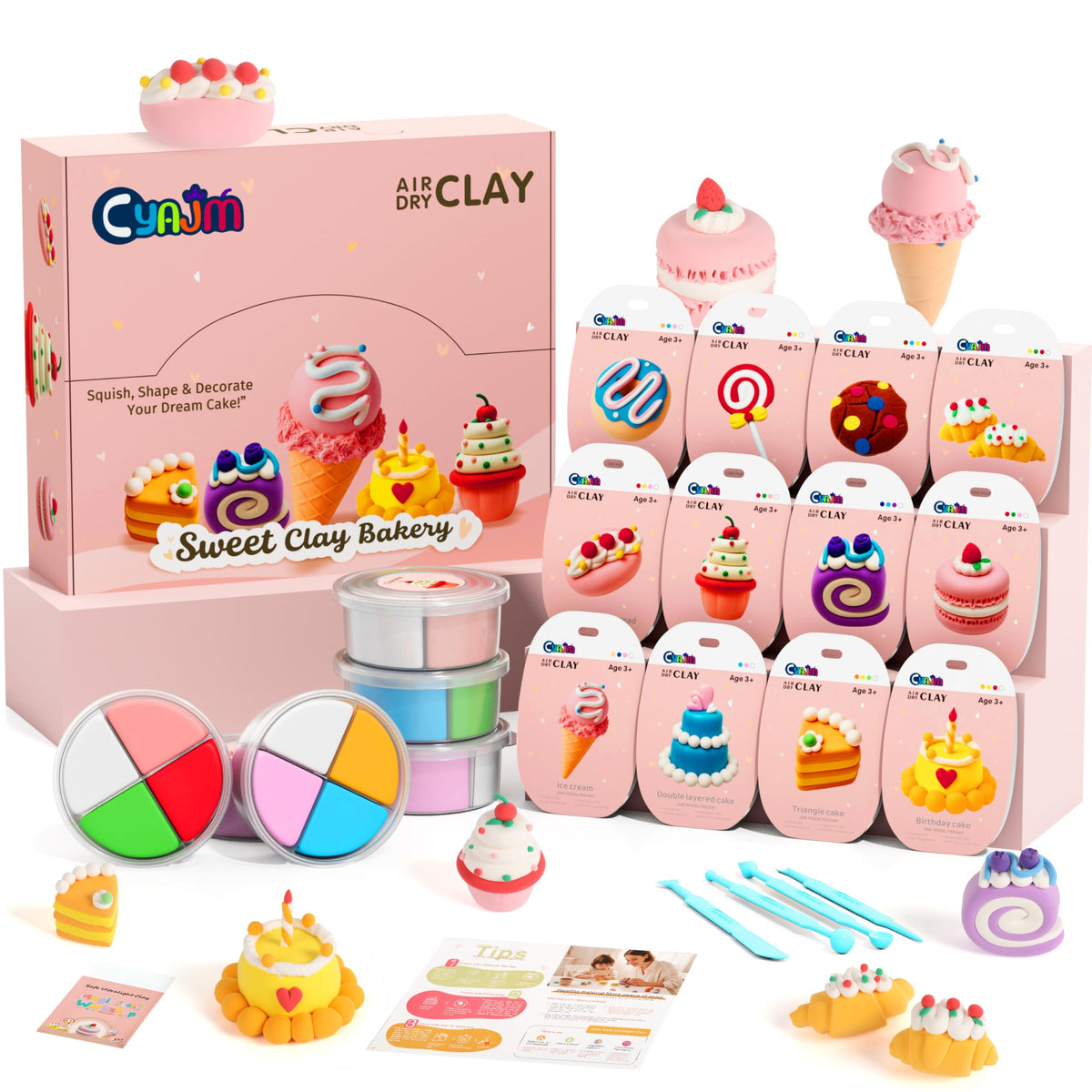 CyAJM cake-themed clay kit boxes show vibrant colors for creative play
