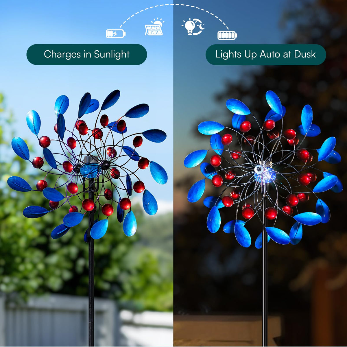 Cyan Oasis 24-inch blade wind spinner adds bold yard motion.