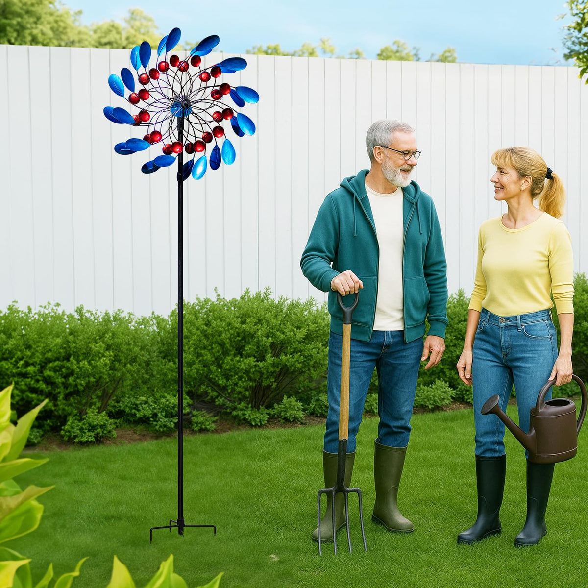 Cyan Oasis stake keeps spinner stable on lawn and patio.