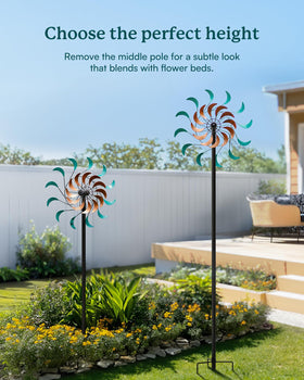Cyan Oasis wind spinner with hand-painted art withstands sun and rain.