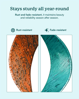 Cyan Oasis wind spinner features rust-proof finish for all-weather use.