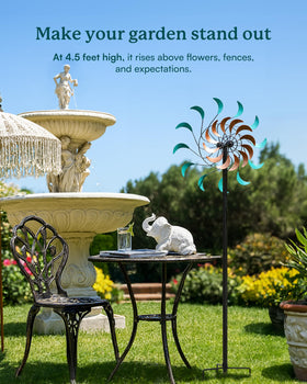 Cyan Oasis wind spinner side view mounted on stake for yard decor.