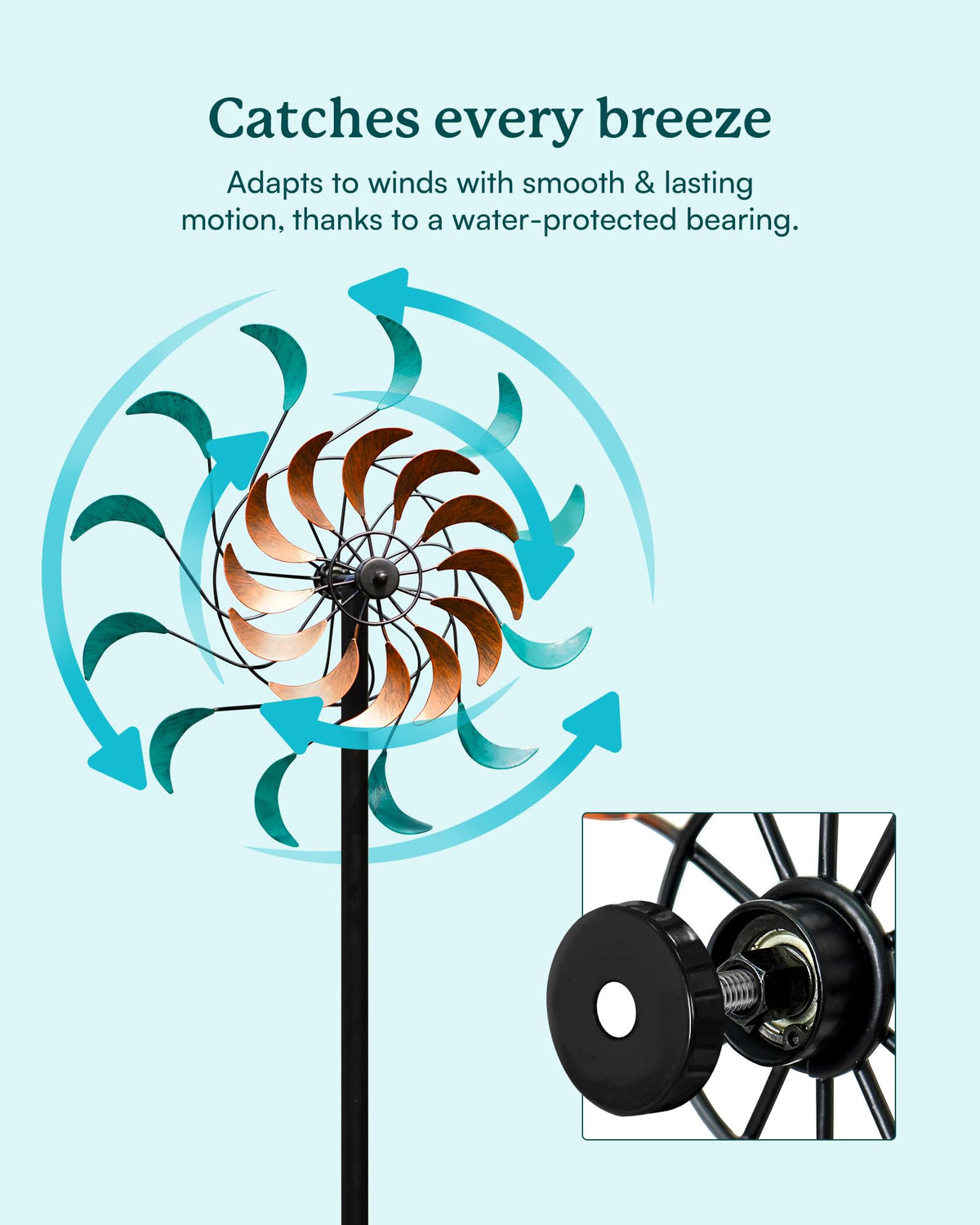 Cyan Oasis wind spinner on tall yard stand enhances outdoor ambience.