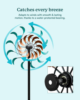 Cyan Oasis wind spinner on tall yard stand enhances outdoor ambience.