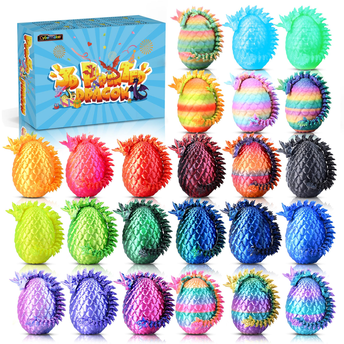 Cybermaker dragon egg collection on display boosts desk decor and imagination.