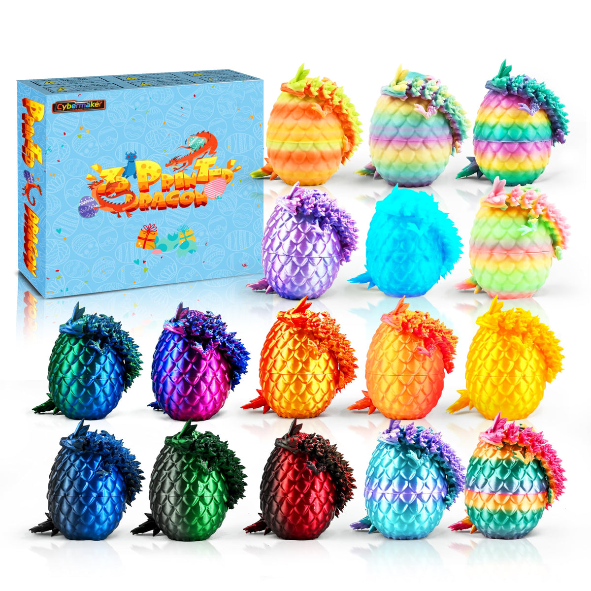Cybermaker dragon egg set: 16 colorful eggs for desk decor and collection.