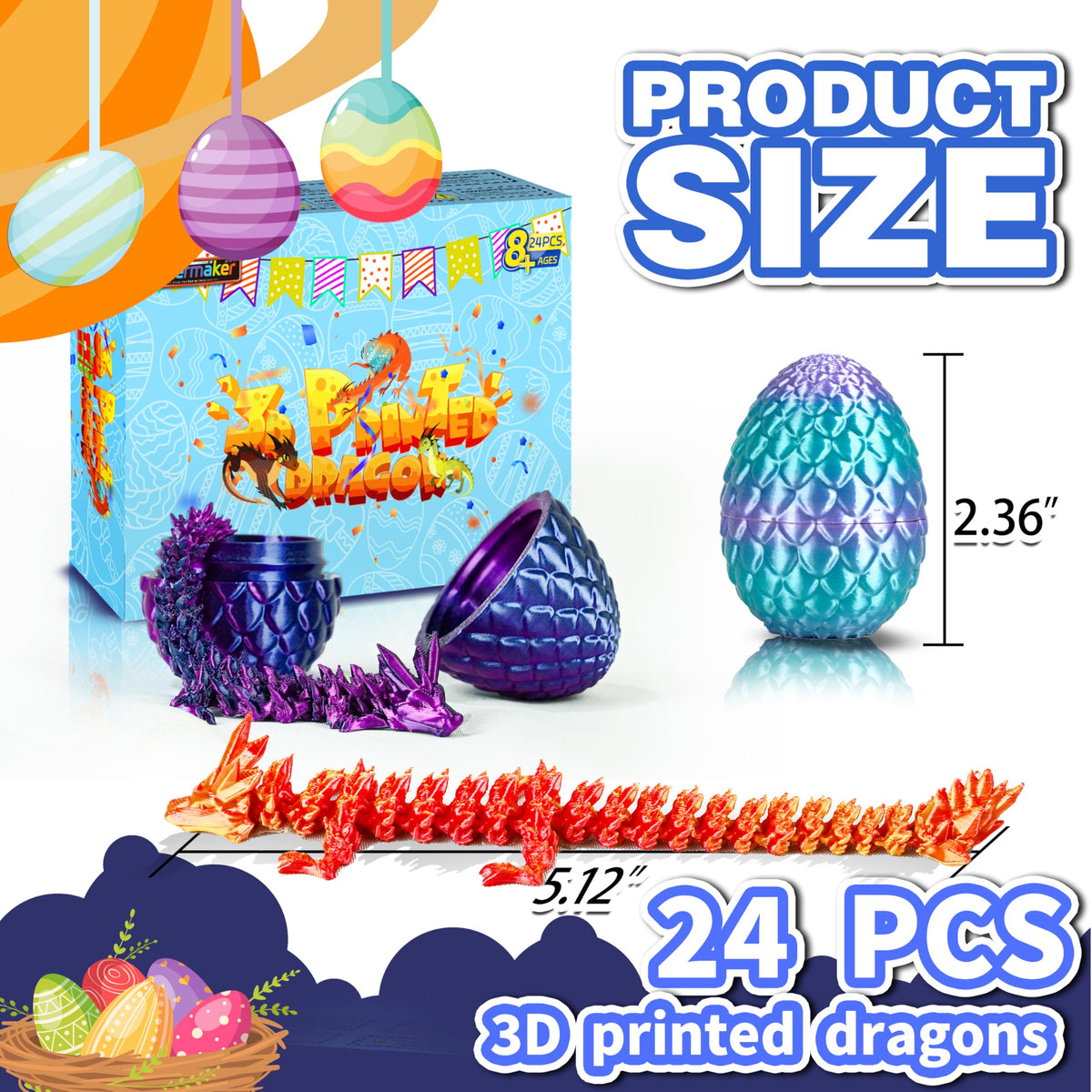 Cybermaker dragon eggs with articulated dragons inside enable poseable figures for imaginative play.
