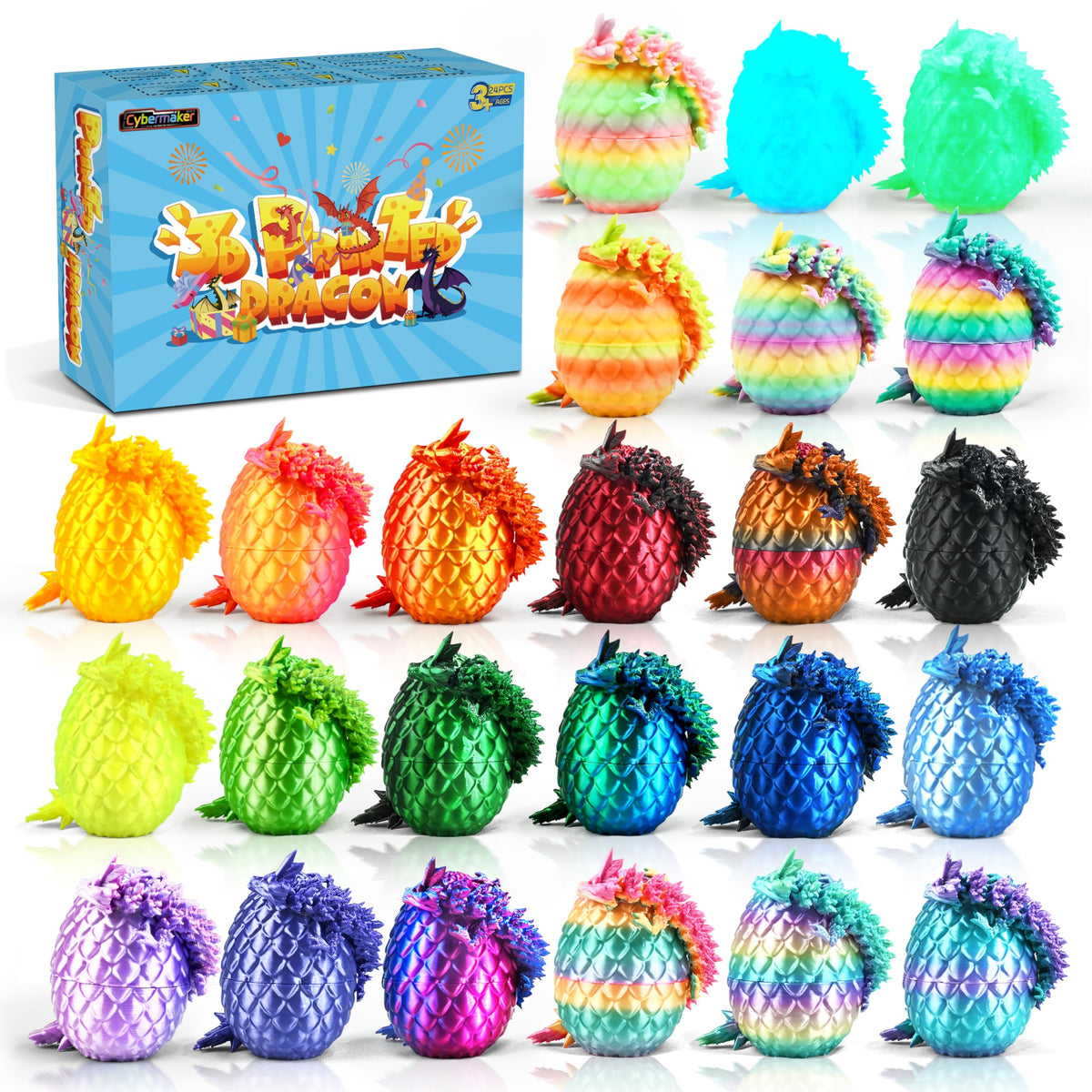 Cybermaker dragon eggs in varied colors, ideal as vibrant desk decor and conversation starters.