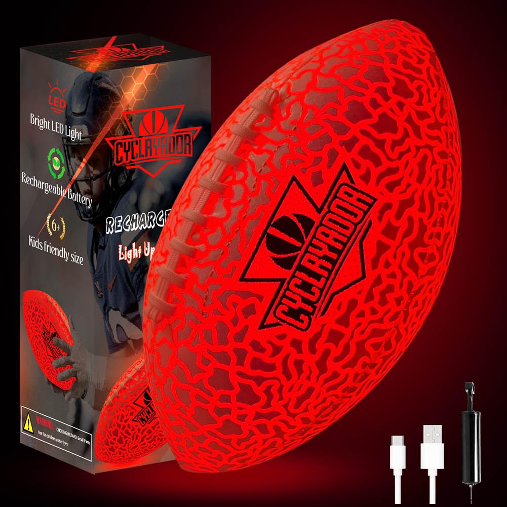 Cyclryador glow football for kids with LED lights during daytime and nighttime play.