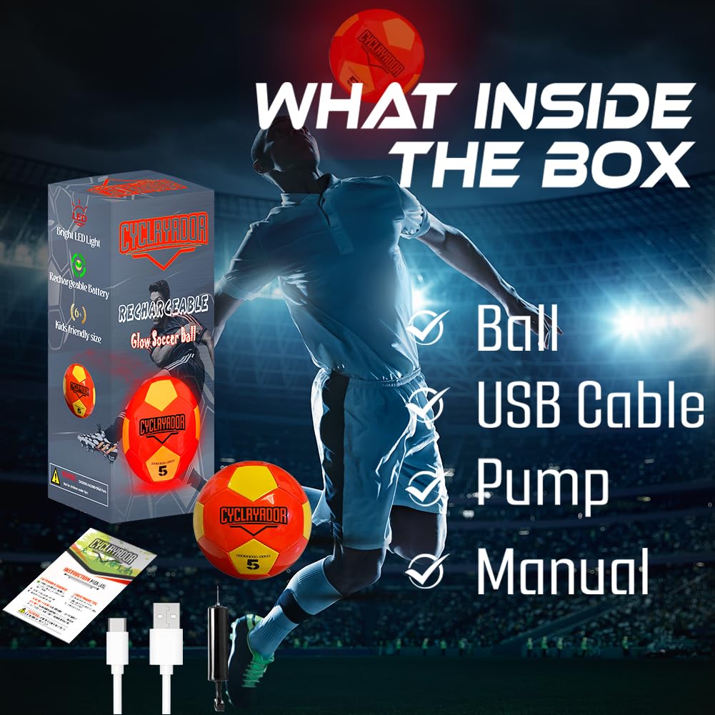 Cyclryador LED ball being kicked on grass for enhanced visibility.