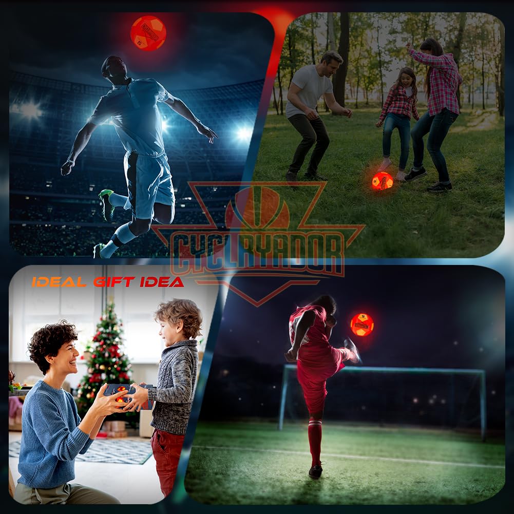 Cyclryador light-up soccer ball on grass after dark, kids playing.