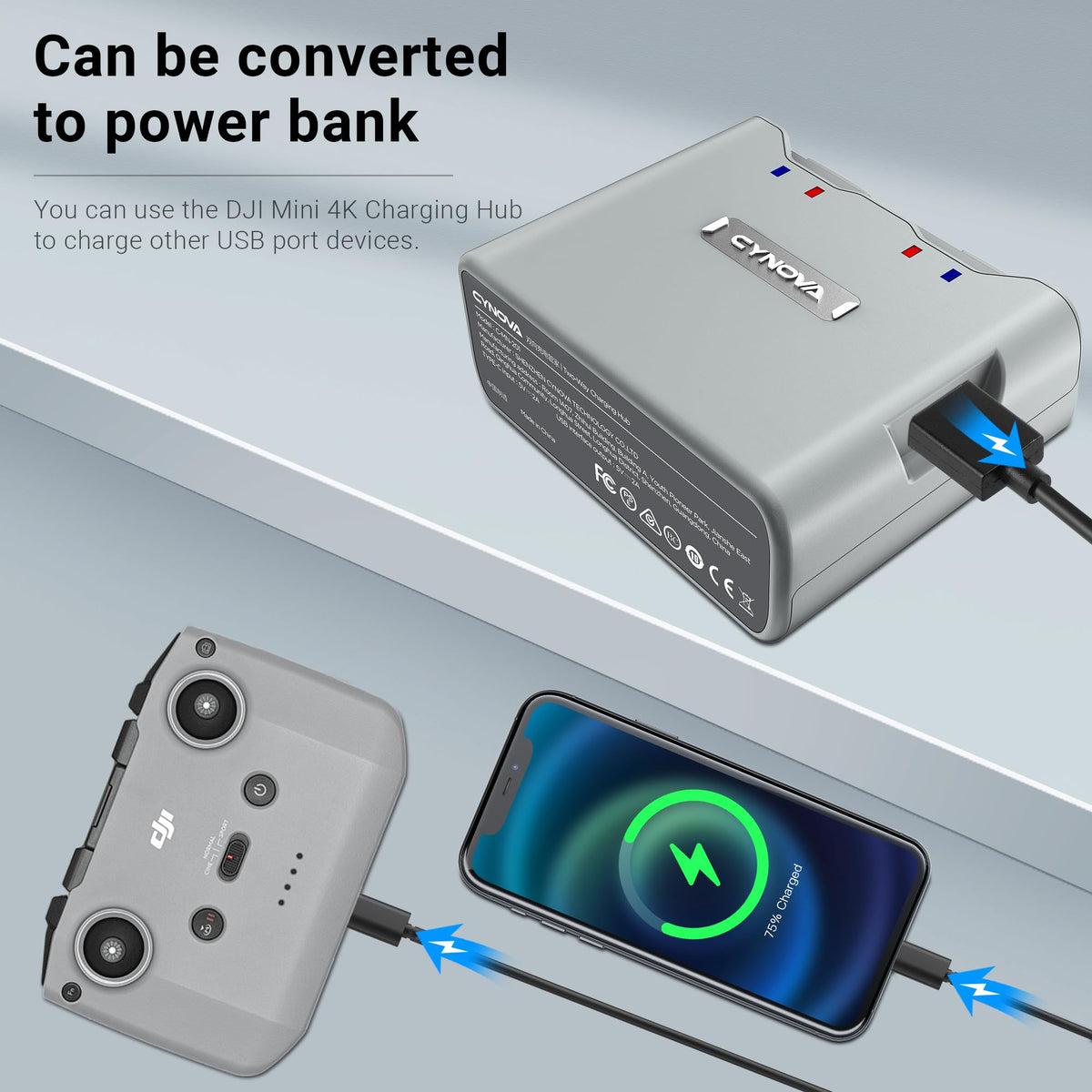 CYNOVA DJI Mini 2 compatible charger, compact travel companion.