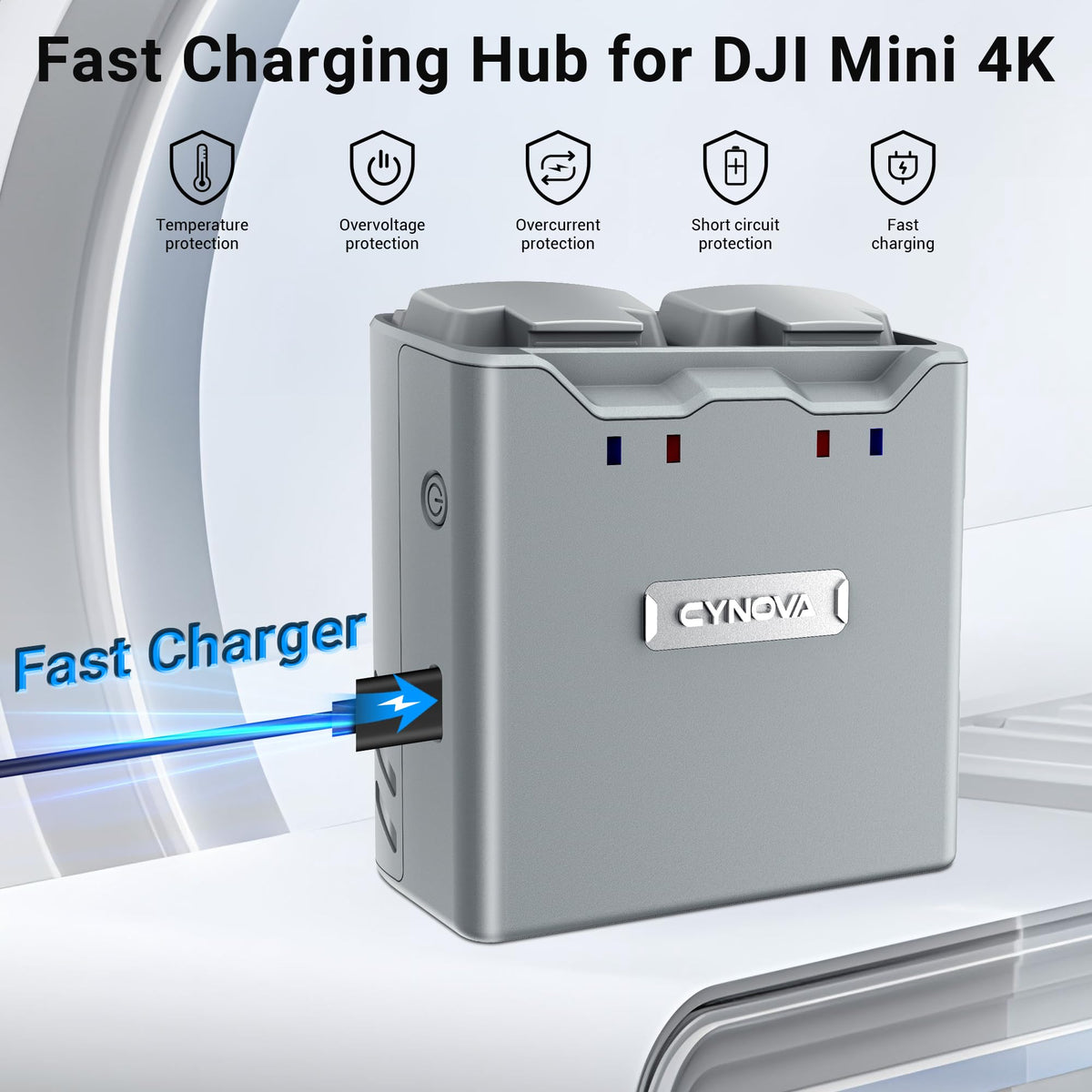 CYNOVA DJI Mini 4K charging hub indicators display status.