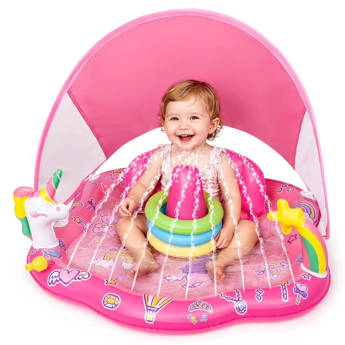 CZCUUDZ baby pool float with sprinkler and canopy provides shade and playful water fun.