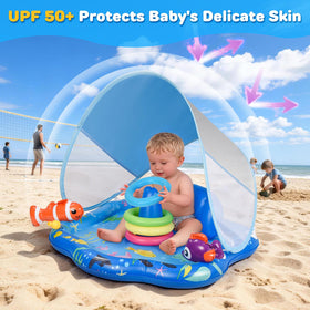 CZCUUDZ splash pad canopy and backrest offer shaded, comfortable play.