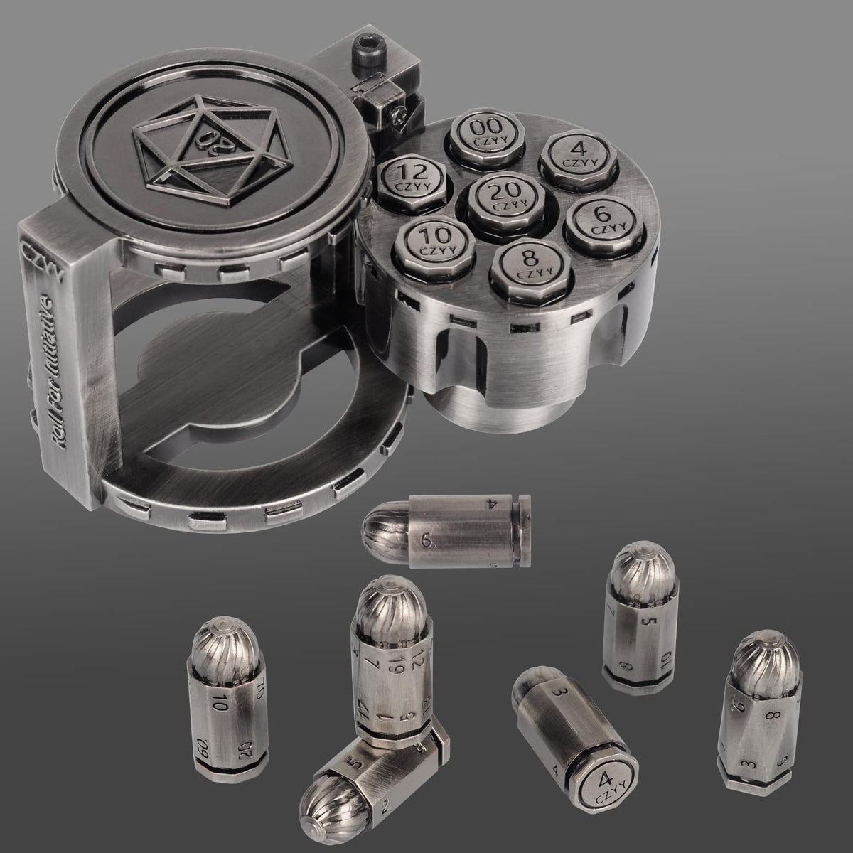 CZYY metal bullet D20 dice with crisp engravings for reliable rolls.