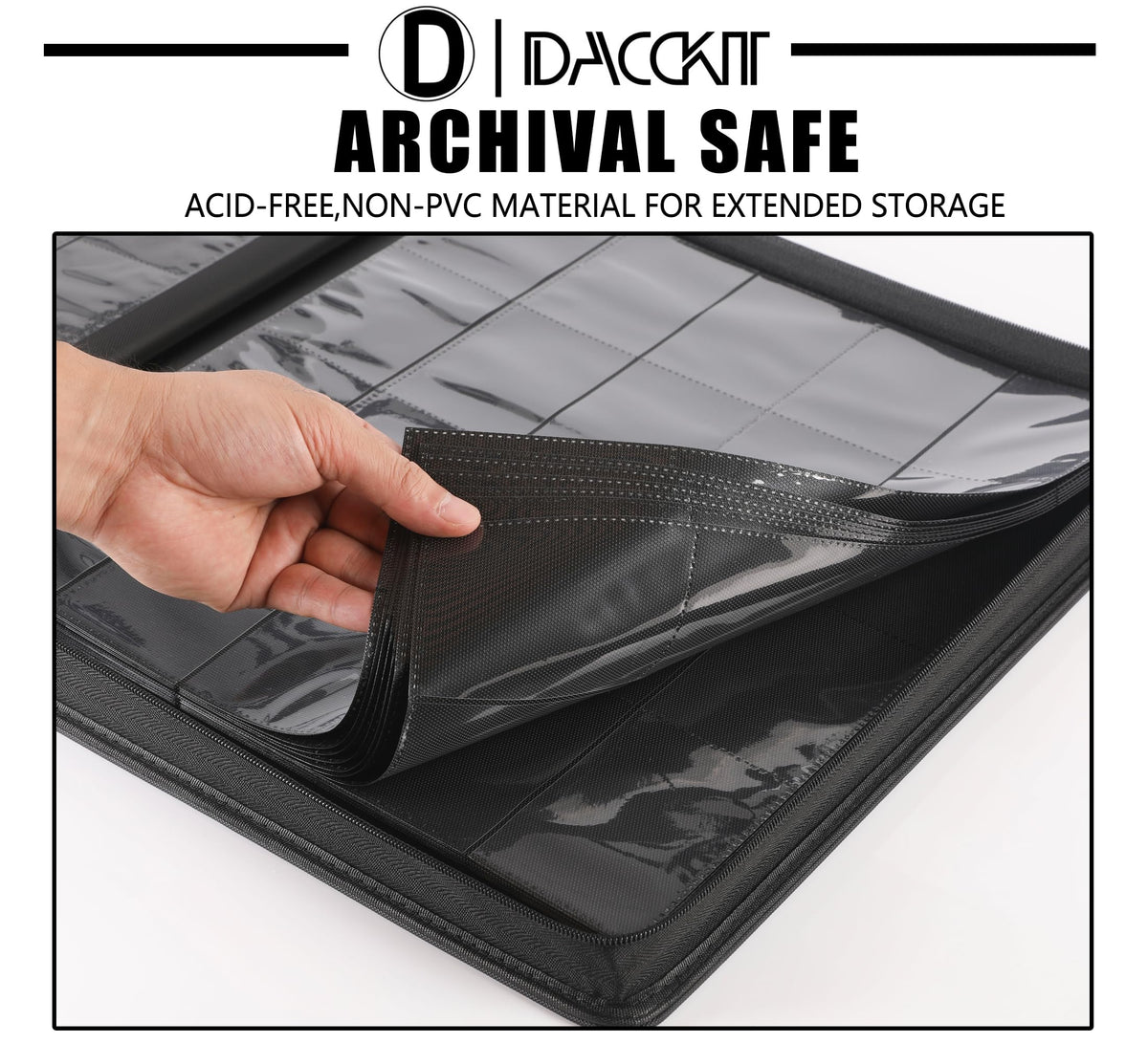 D DACCKIT binder interior shows 25 sheets holding many cards for organized storage.