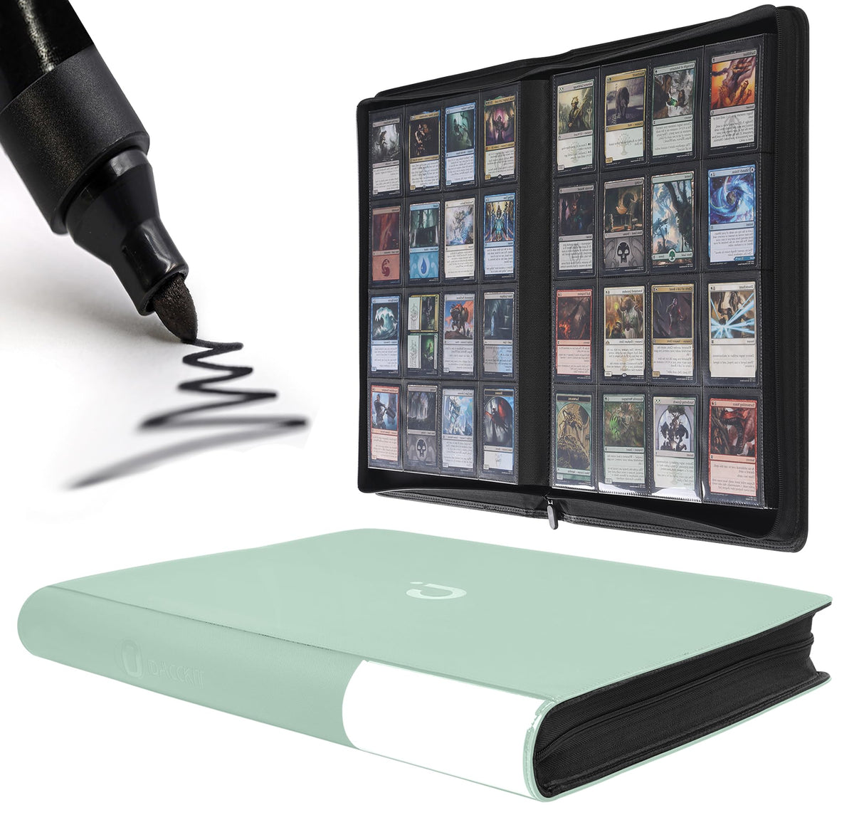 D DACCKIT Premium Card Binder front view showing 16-pocket layout for secure storage.