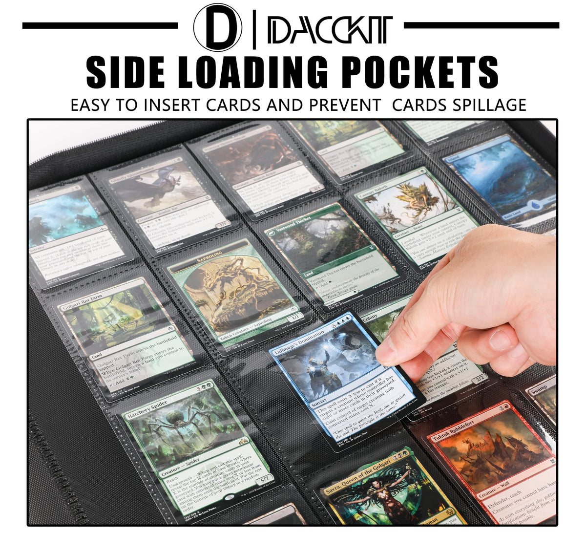 Closeup of ringless page design from D DACCKIT, reducing wear on cards.