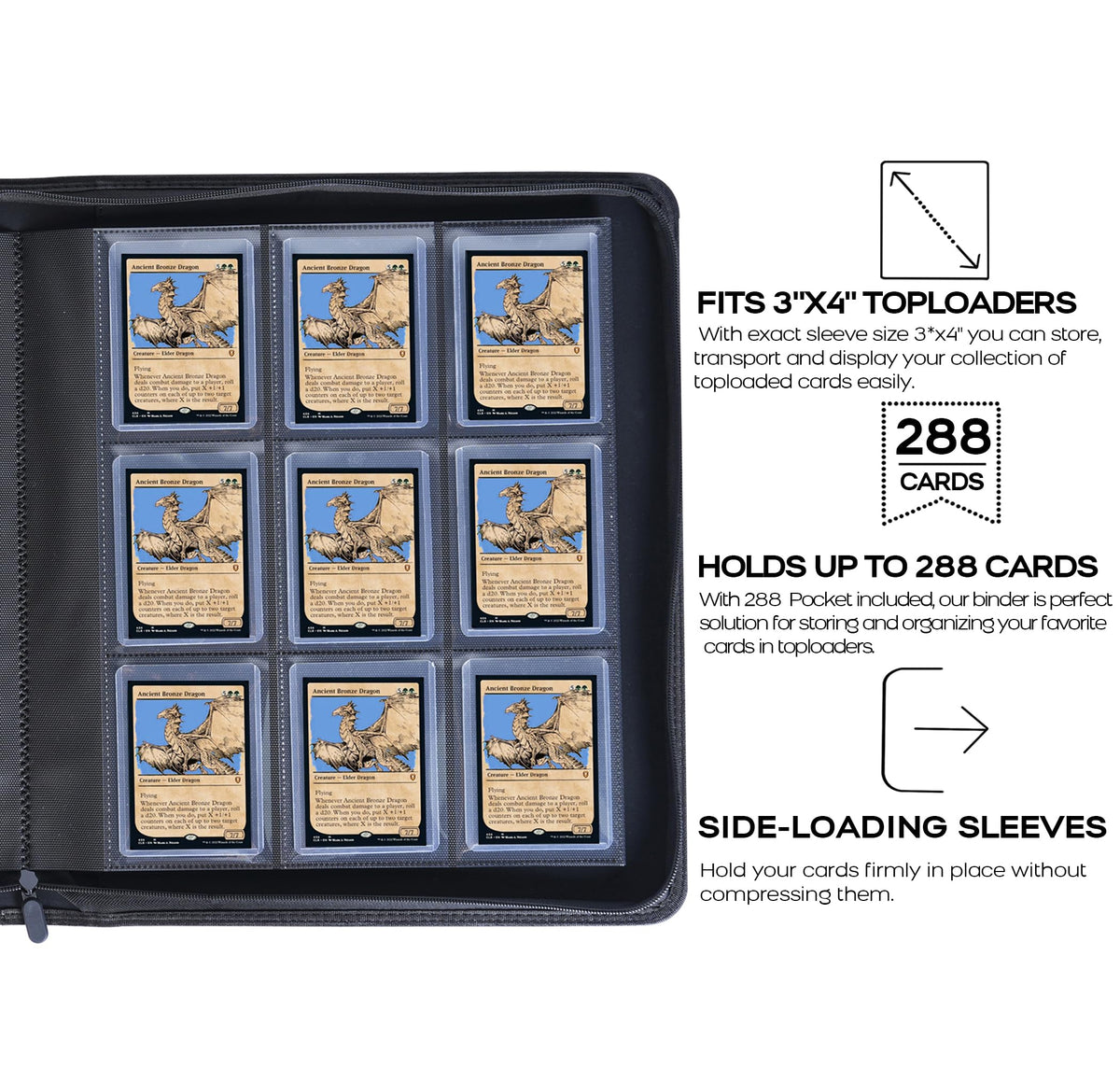 D DACCKIT binder's zipper closure keeps cards secure during transport.