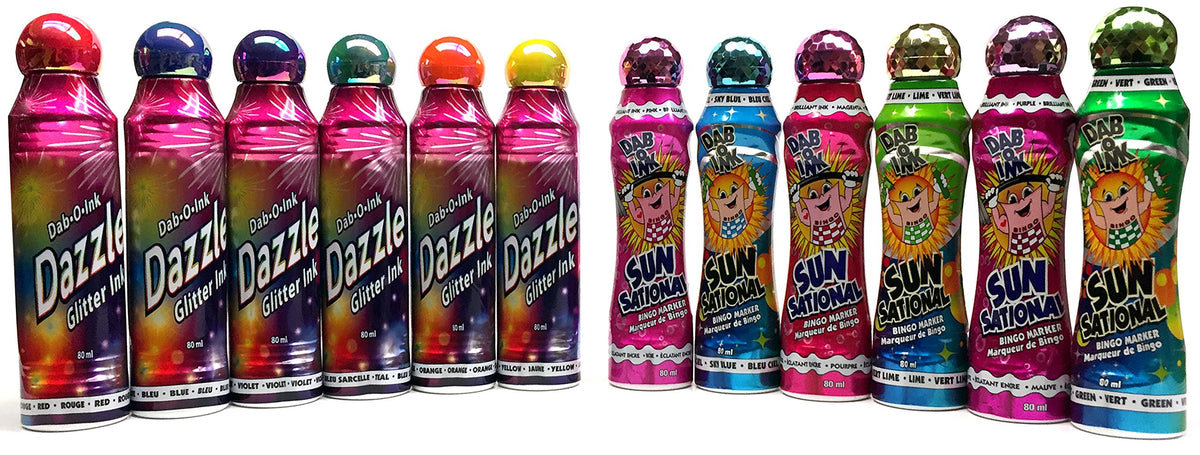 Dab-O-Ink Bingo Dauber mixed dozen with glitter and bright inks, ideal for party gameplay
