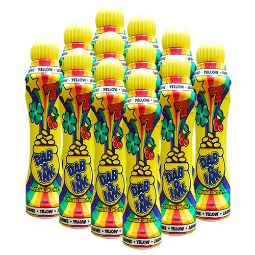 Closeup of Dab-O-Ink yellow bingo dauber highlighting durable design for long-lasting use.