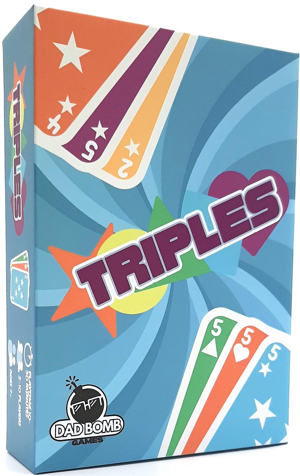 Dad Bomb Games Triples box and components ready for quick family play.