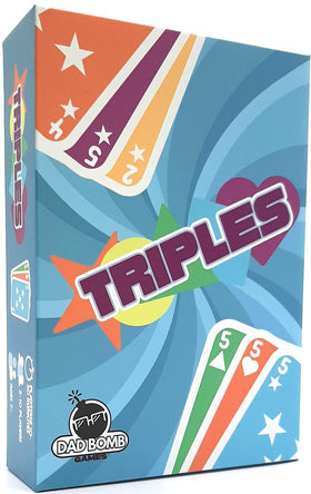 Dad Bomb Games Triples box and components ready for quick family play.