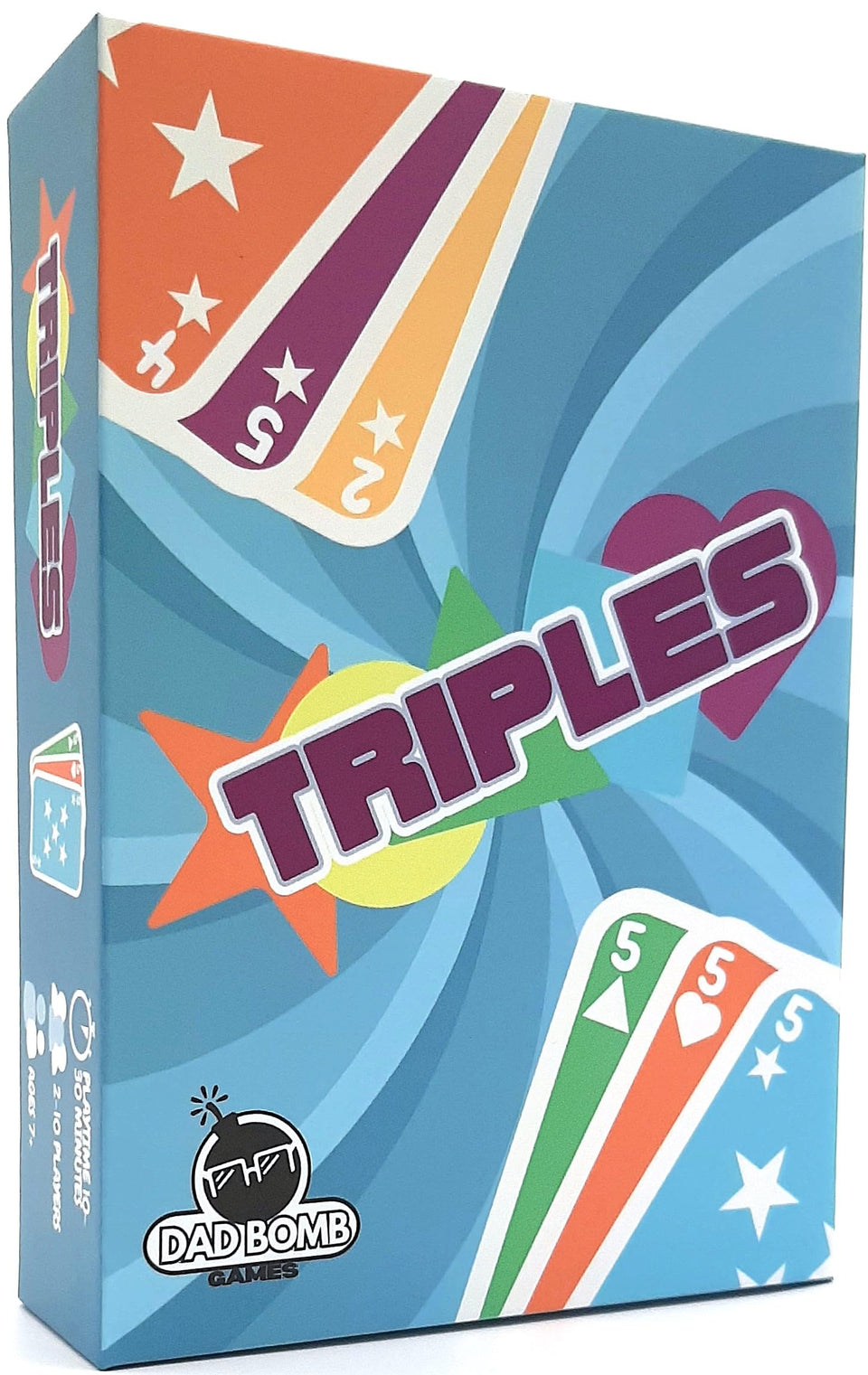 Dad Bomb Games Triples box and components ready for quick family play.