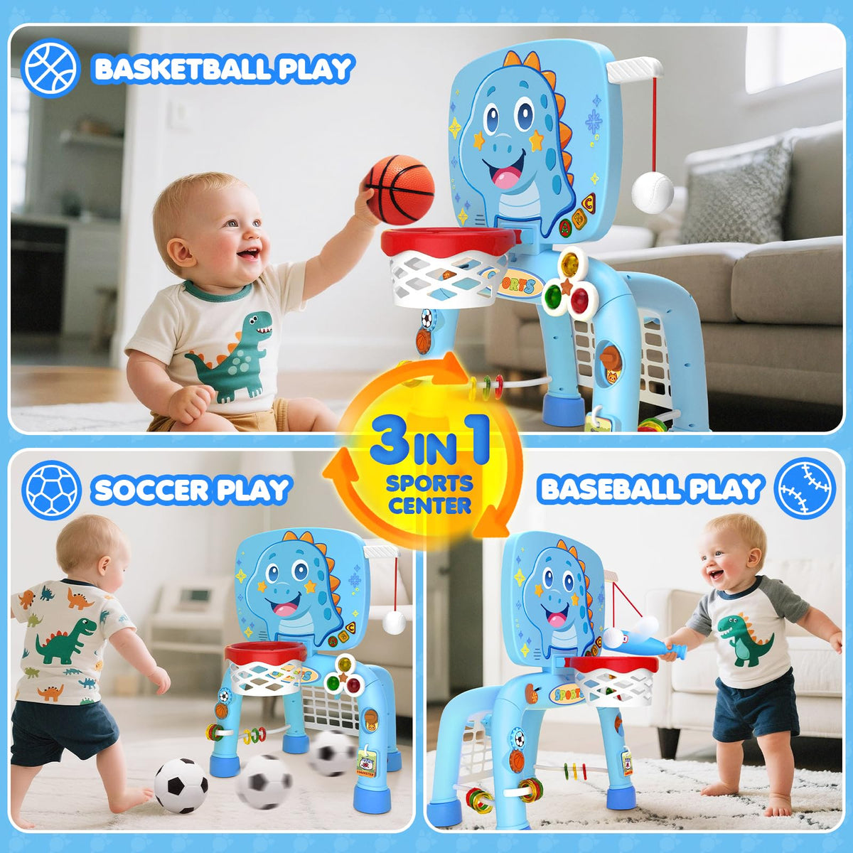 DADAPALS Baby Blue Dinosaur baseball interactions promote batting practice and coordination.