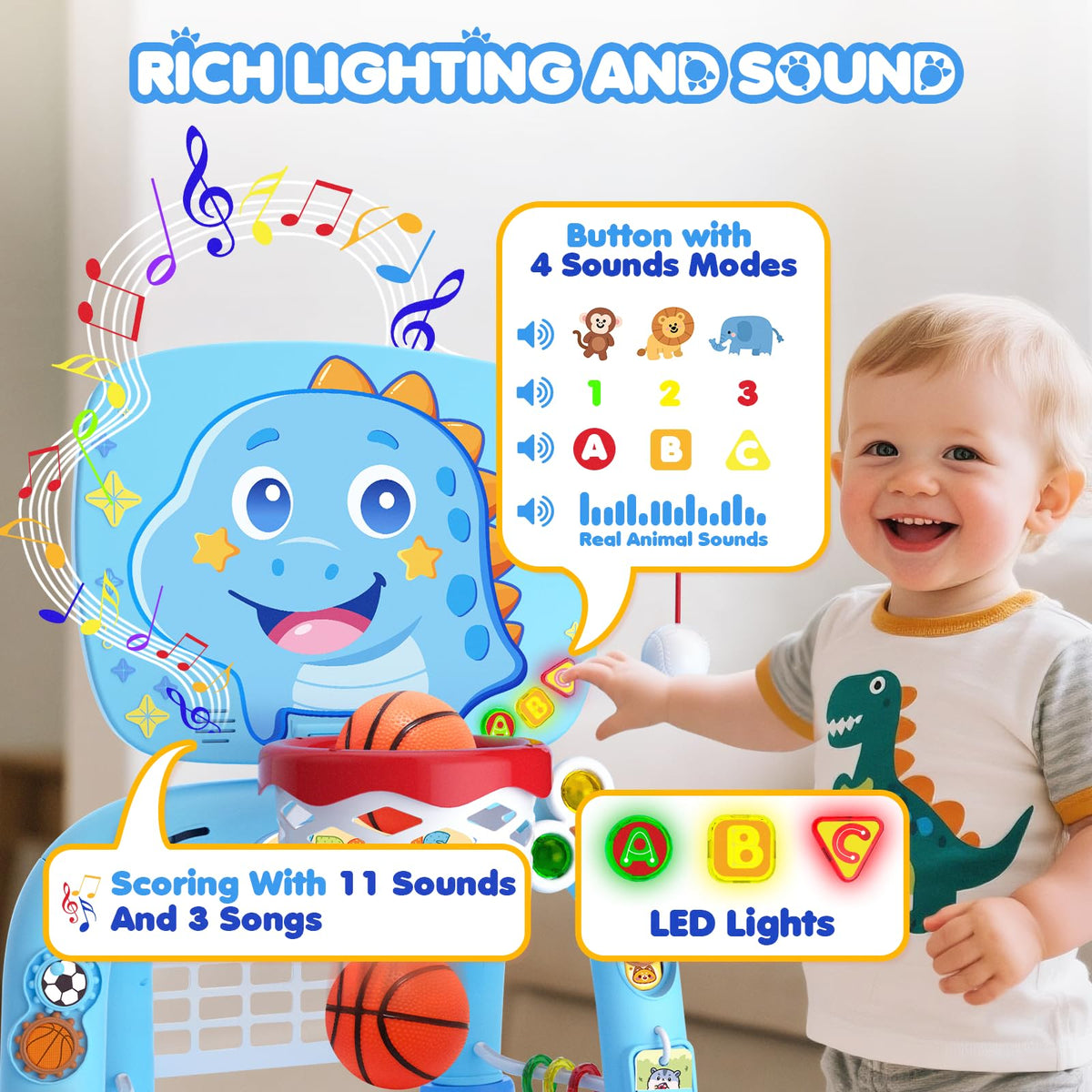 DADAPALS baby blue dinosaur basketball hoop supports hand-eye coordination during play.