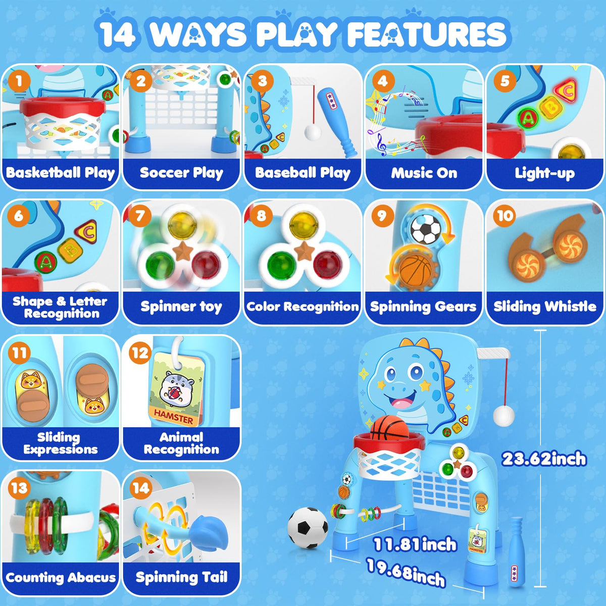 DADAPALS Baby Blue Dinosaur soccer goal fosters kicking practice and active learning.