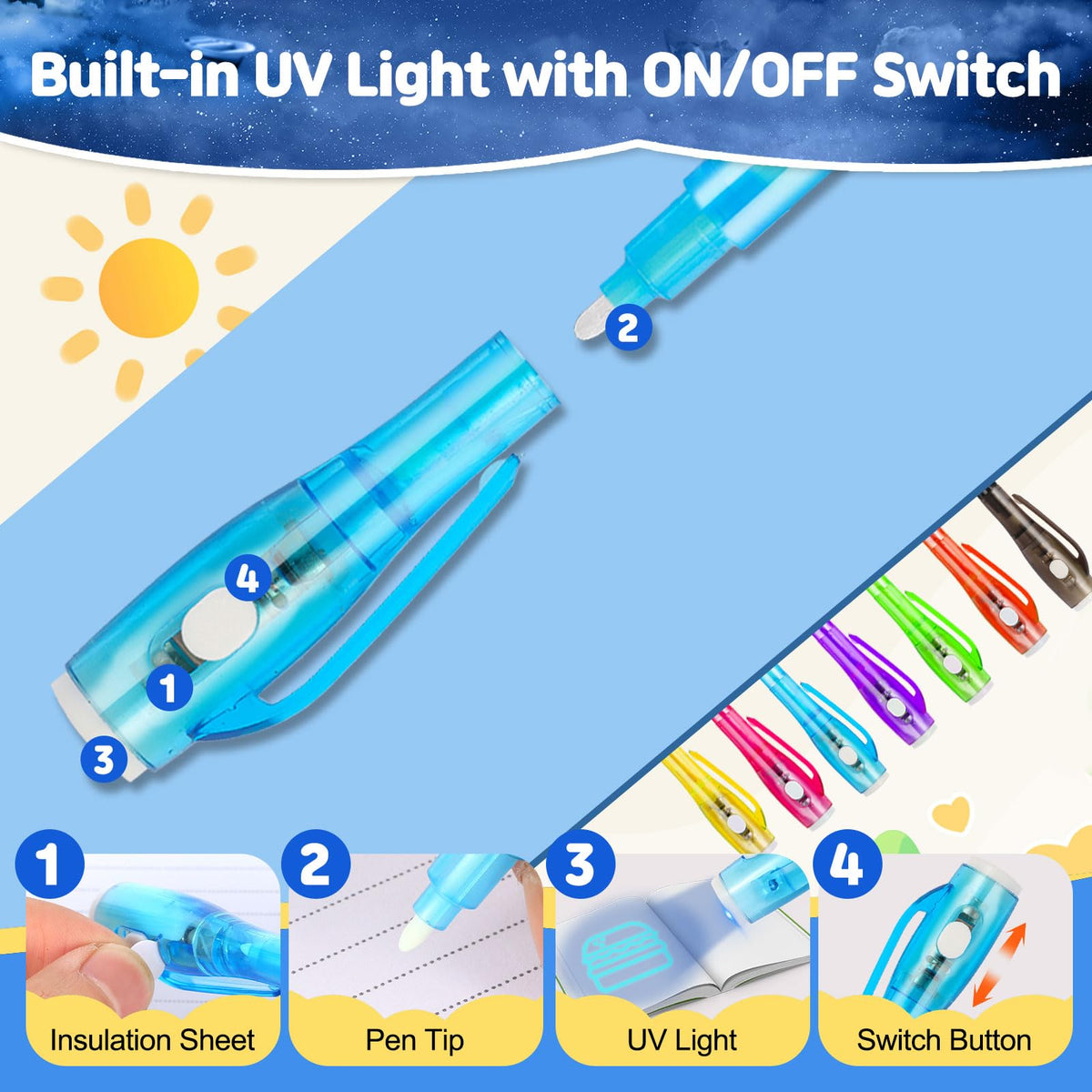 Daemson green invisible ink pen reveals invisible writing under UV light.