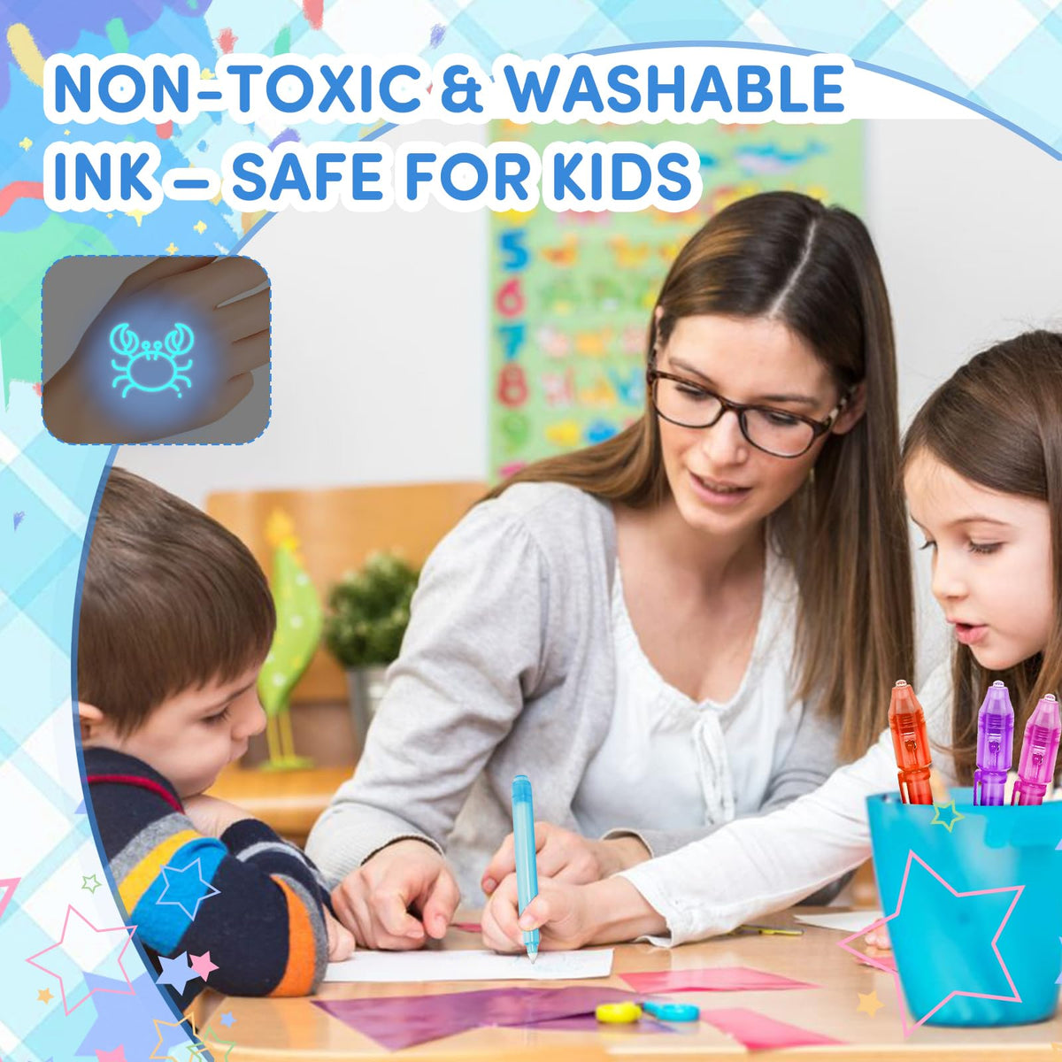 Daemson non-toxic kid-friendly ink suitable for classroom activities.