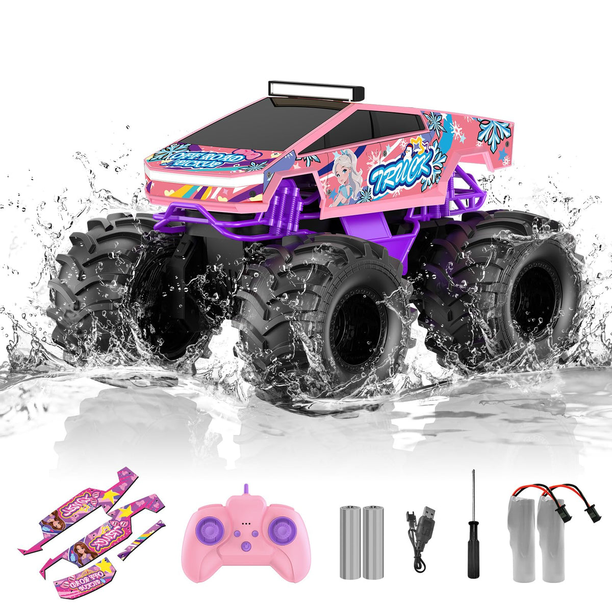 Dafotil 1:18 pink amphibious RC truck side view for outdoor races