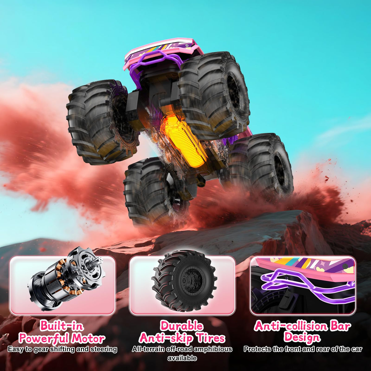 Dafotil Amphibious RC Car pink monster truck battery pack powering longer play.