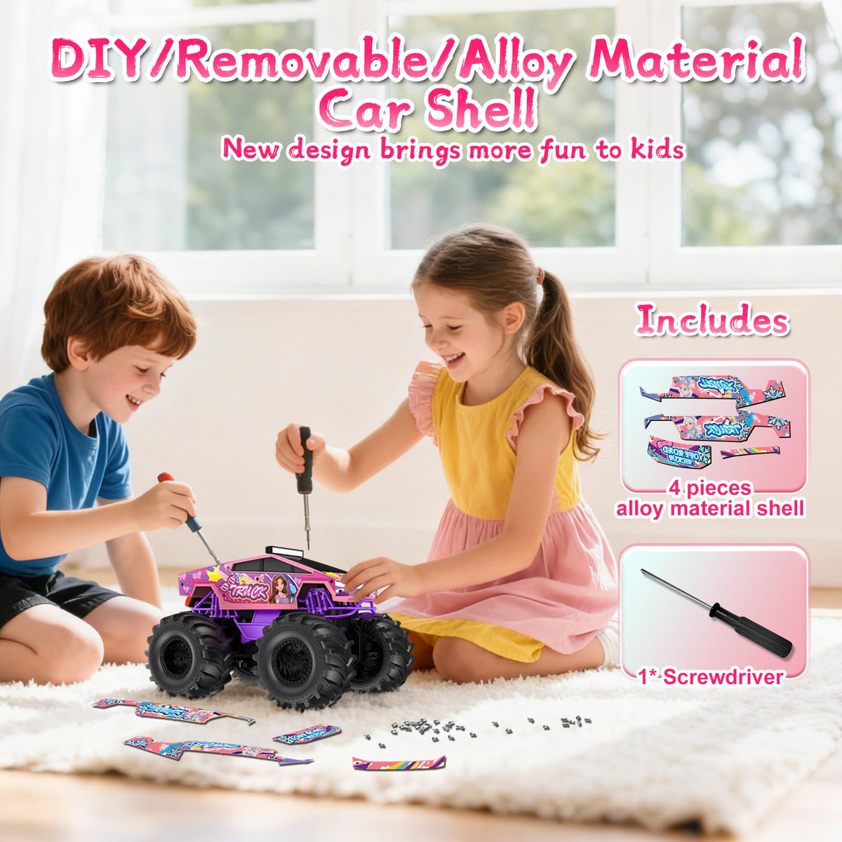Dafotil Amphibious RC Car pink monster truck with DIY shell for customization.
