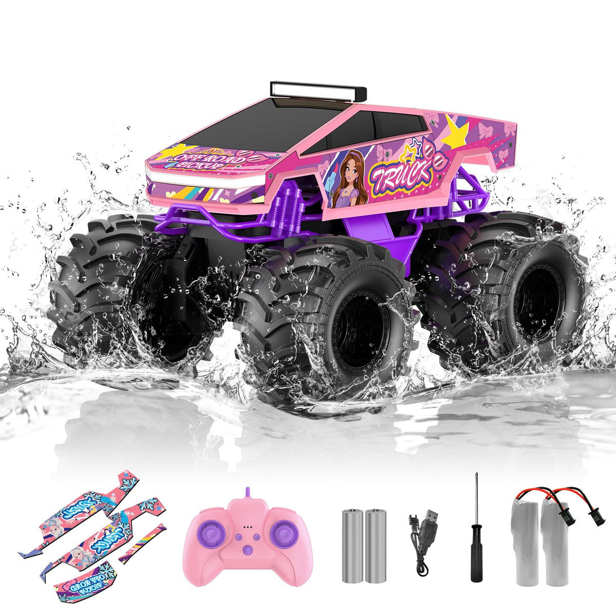 Dafotil Amphibious RC Car pink monster truck front view highlights durable build.