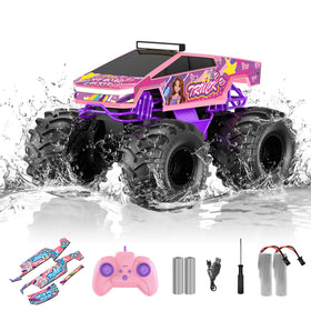 Dafotil Amphibious RC Car pink monster truck front view highlights durable build.